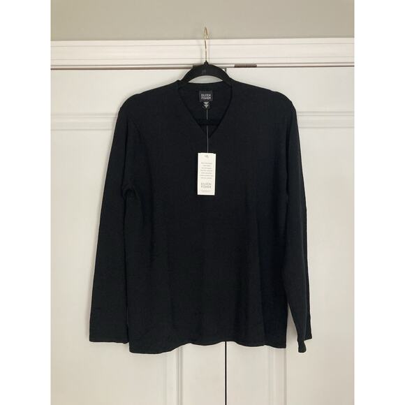 Eileen Fisher Black Viscose Nylon Jersey V-neck Long Sleeve Top Med Minimalist - Picture 1 of 7